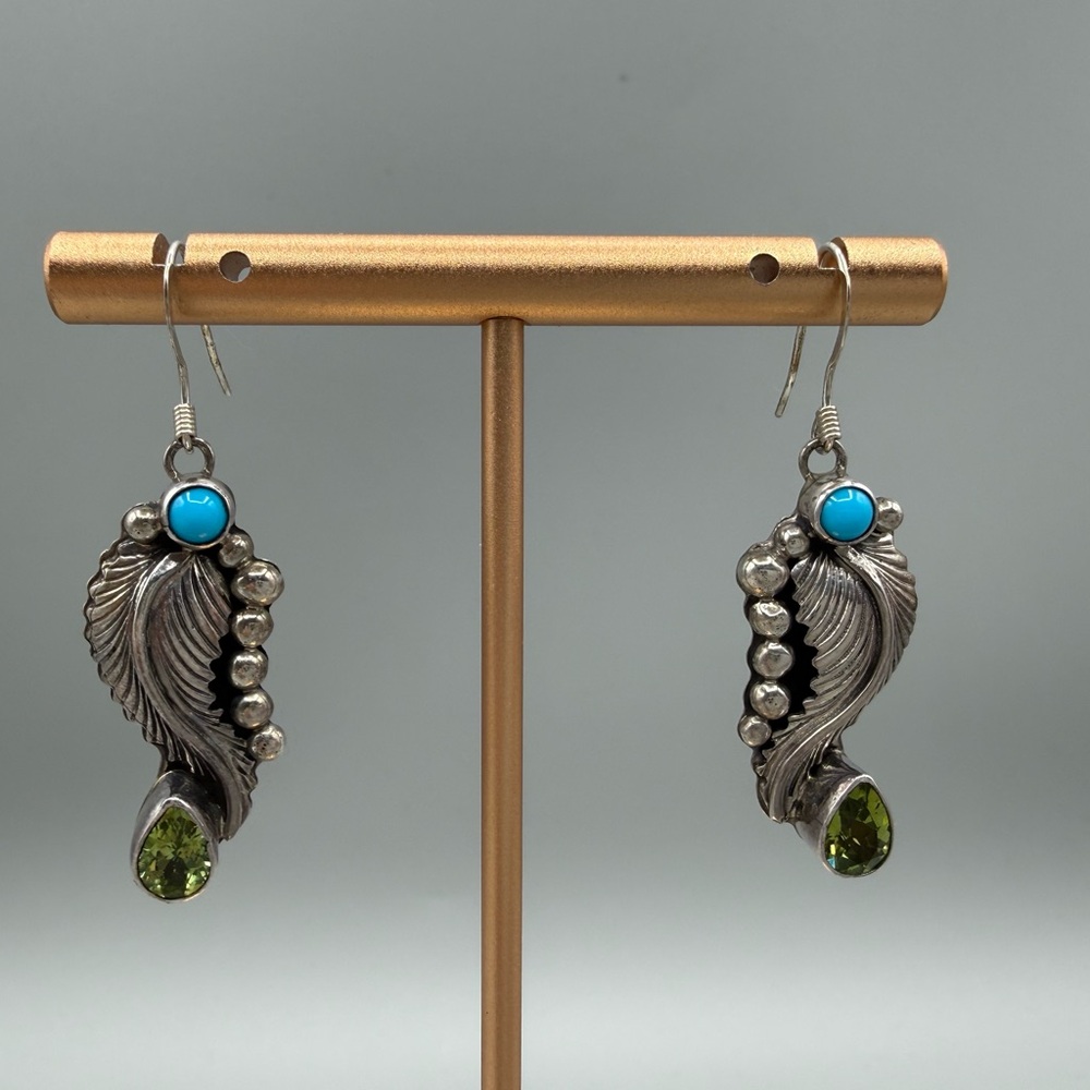 Running Bear Turquoise Dangle Feather Earrings - image 3
